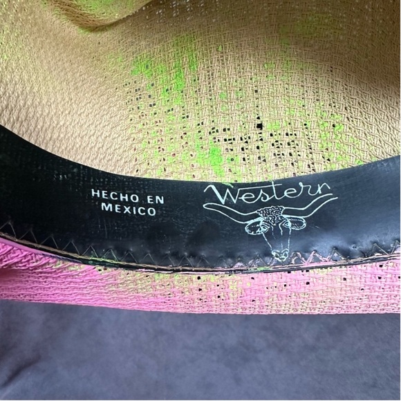 Western Cowboy hat w/ spider & cross bright green & pink straw - Picture 9 of 13